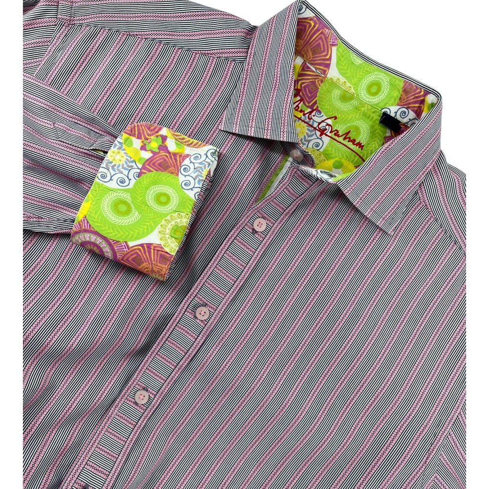 Robert‎ Graham  Large Long Sleeve Button Down Shirt Pink Stripe Geometric Print